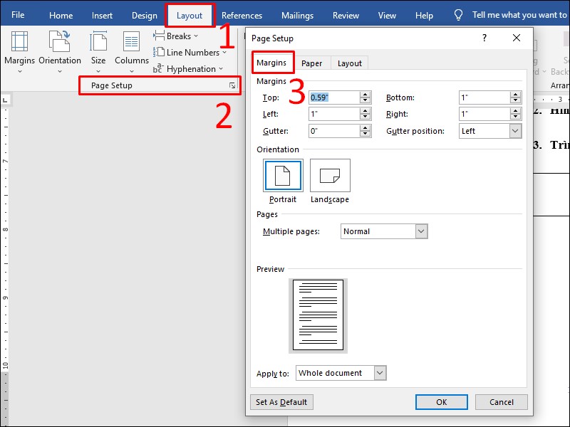 Chỉnh sửa lề văn bản ở tab Margins trong Page Setup